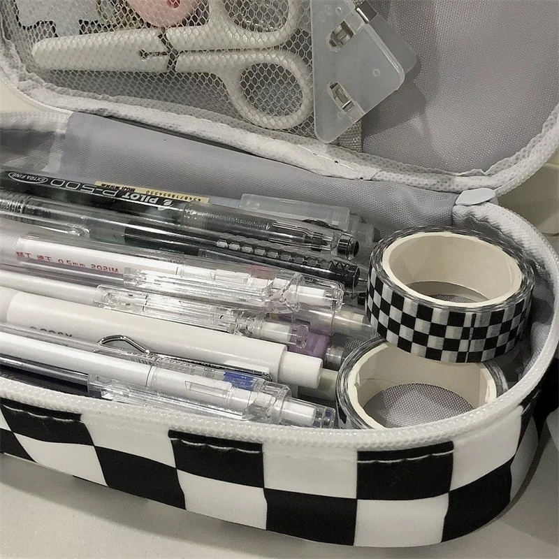 Simple Large Capacity Black and White Plaid Pencil Case Portable Canvas Material Pencil Bag School Office Supplies Stationery