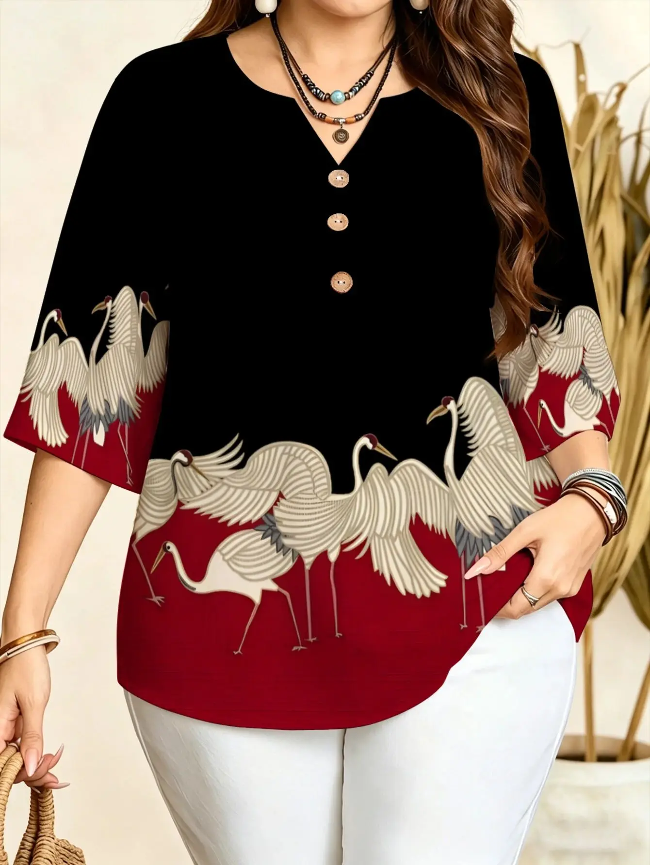 Plus Size Notch V Neck Blouse 3 Decorative Buttons 3/4 Sleeve Lotus Red-crowned Crane Print Loose Casual Women Daily Top