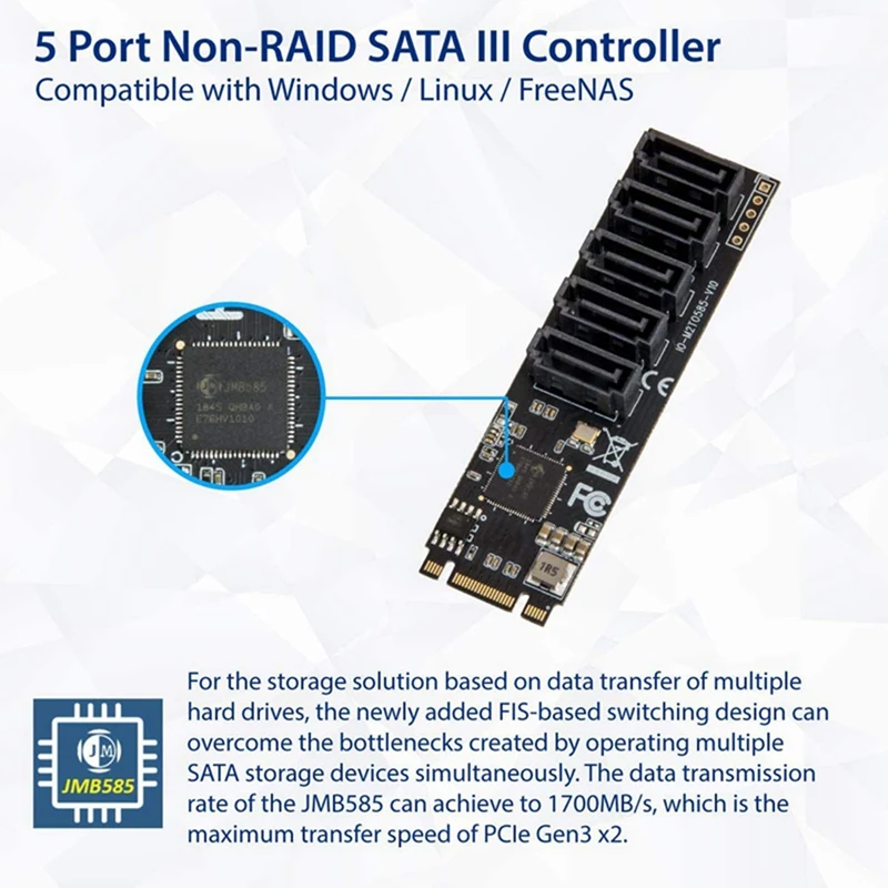 M2 To SATA3 Expansion Card,M.2 NVME To SATA3.0,SSD Adapter 5 Port,M.2(Pcie) To 5 Ports SATA Add On Cards,JMB585 Chipset