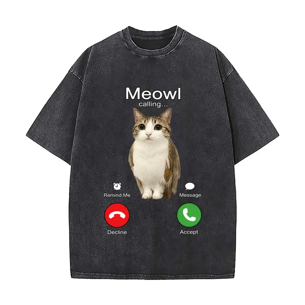 Meowl Calling Cat Owl Phone Call Meme Accept Decline Vintage Distressed Loose Streetwear Tops