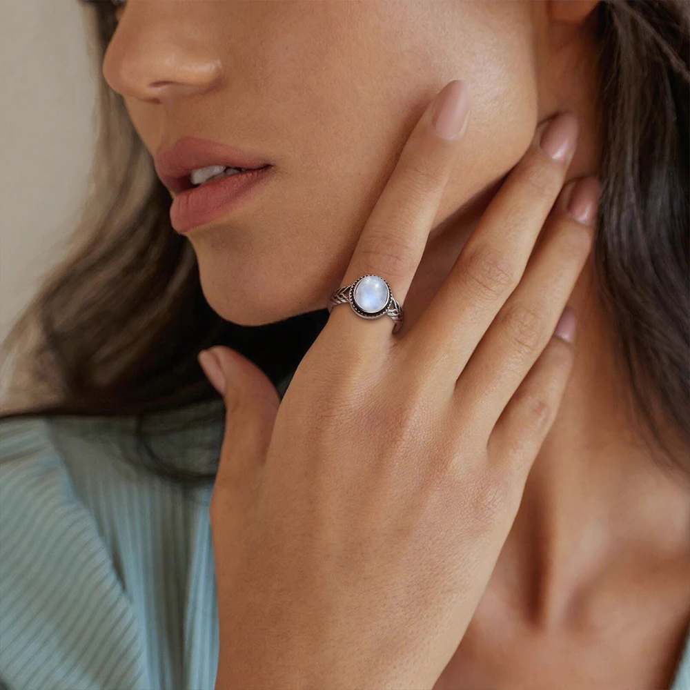 925 Sterling Silver Ring 8x10MM Oval Natural Moonstone Vintage Rings High Quality Fashion Women\'s Fine Jewelry