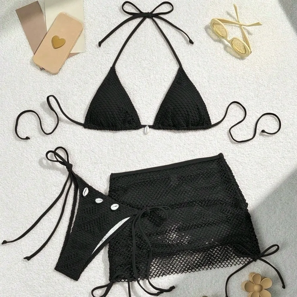 

Fashion Mesh 3 in 1 Swimwear Set Lace Up Slim Fit Bikini Bathing Suit Deep-V Beachwear Clothing Sleeveless Swimsuit Beach