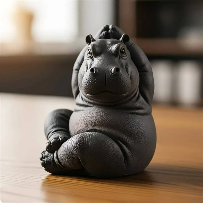 HomeDecorSculptures Clumsy Yoga Master Hippo Resin Sculpture Figurine, Home Decor Ornament for Living Room Bedroom Creative Gift