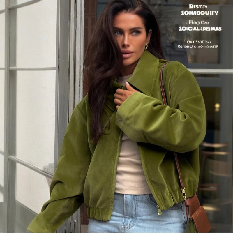 

TARUXY Vintage Baseball Velvet Jacket Women's Fashion Lapel Zipper Solid Color Casual Coat Autumn Loose Commuter Jacket Female