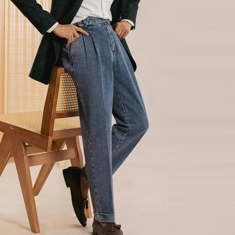 

Mens Autumn Naples High Waisted Washed Double Pleat Jeans England Straight Solid Washed Soft Pants Slim Fit Draped Design 2025