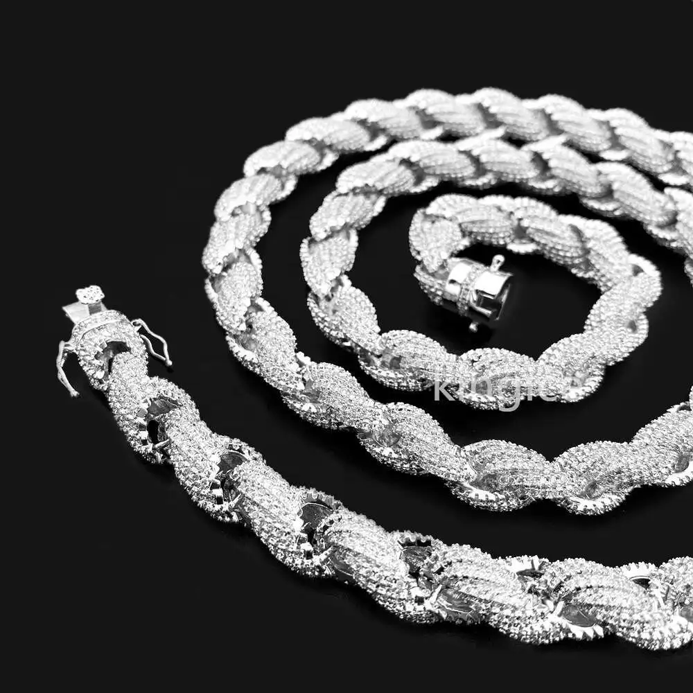 Size 11mm 925 Sterling Silver 14k White Gold Plated Twisted Men Necklace Moissanite Rope Chain