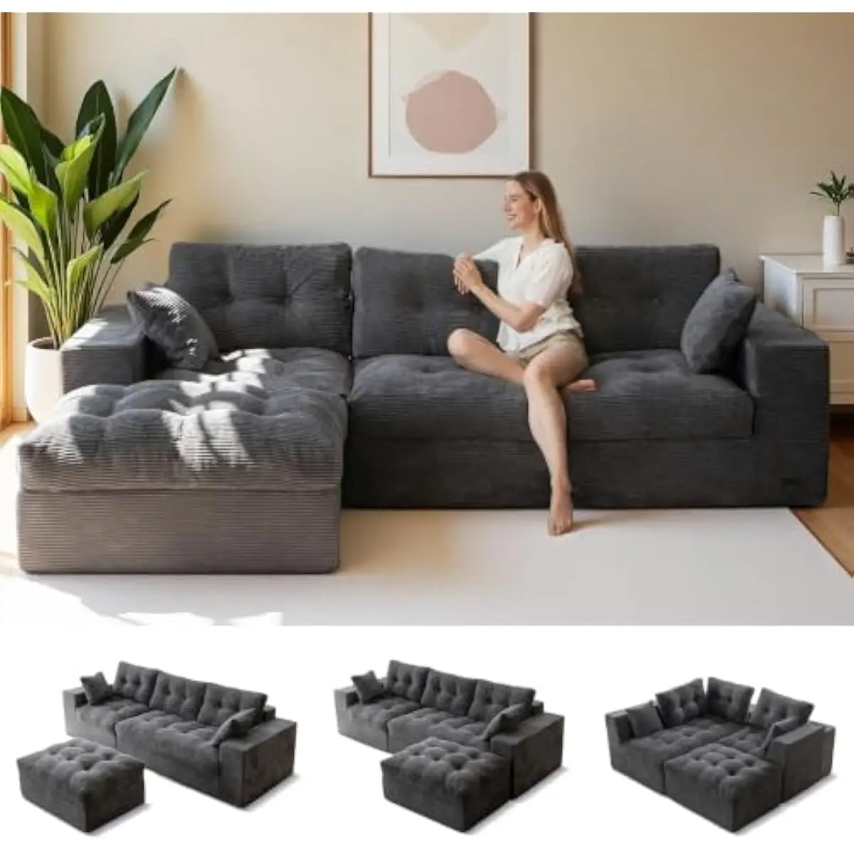 Cloud-Like Modular Sectional Sofa with Ottoman  96 Inch L-Shaped Design  Dark Grey Corded Fabric  Button-Tufted Detailing • D