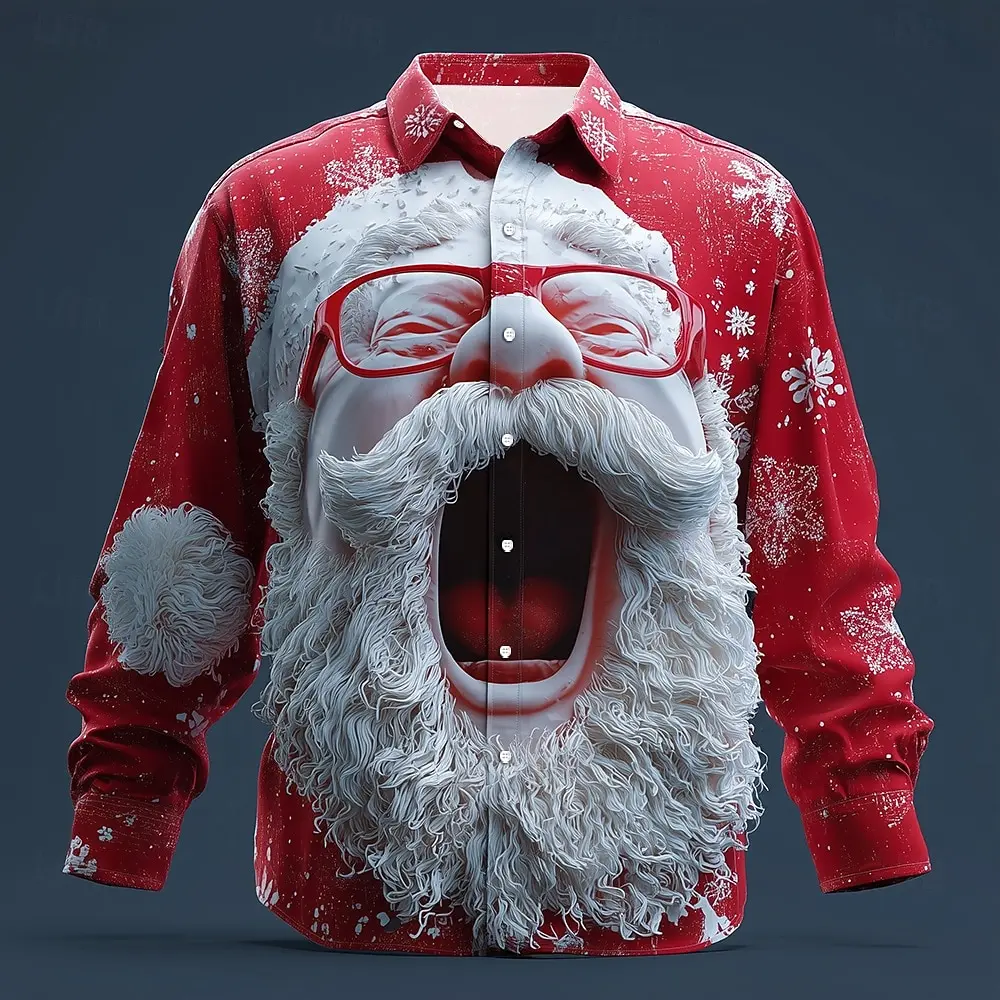 Christmas Men's 3D Graphic Long Sleeve,Street Style Fashion,Santa Claus Cartoon Smile Face Prints Design,2025 Fall Casual Shirts