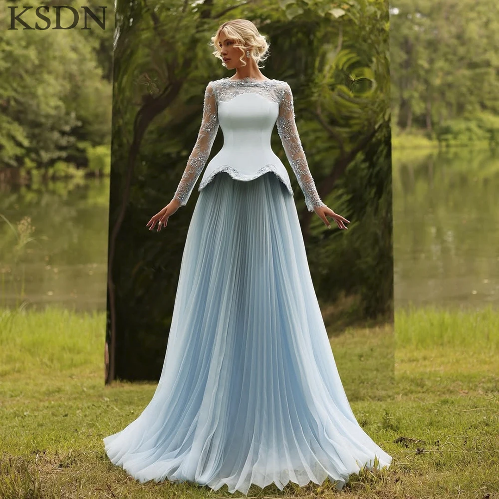 

KSDN Fashion Blue Evening Dresses for Special Occasion Elegant Women O-Neck Long Sleeve Chapel Train Draped Bespoke Gowns