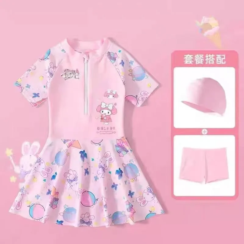 Niño corazón Kawaii MINISO Ins My Melody Kuromi traje de baño camisa lindo dibujos animados niños entrenamiento de una sola pieza ropa de natación regalos