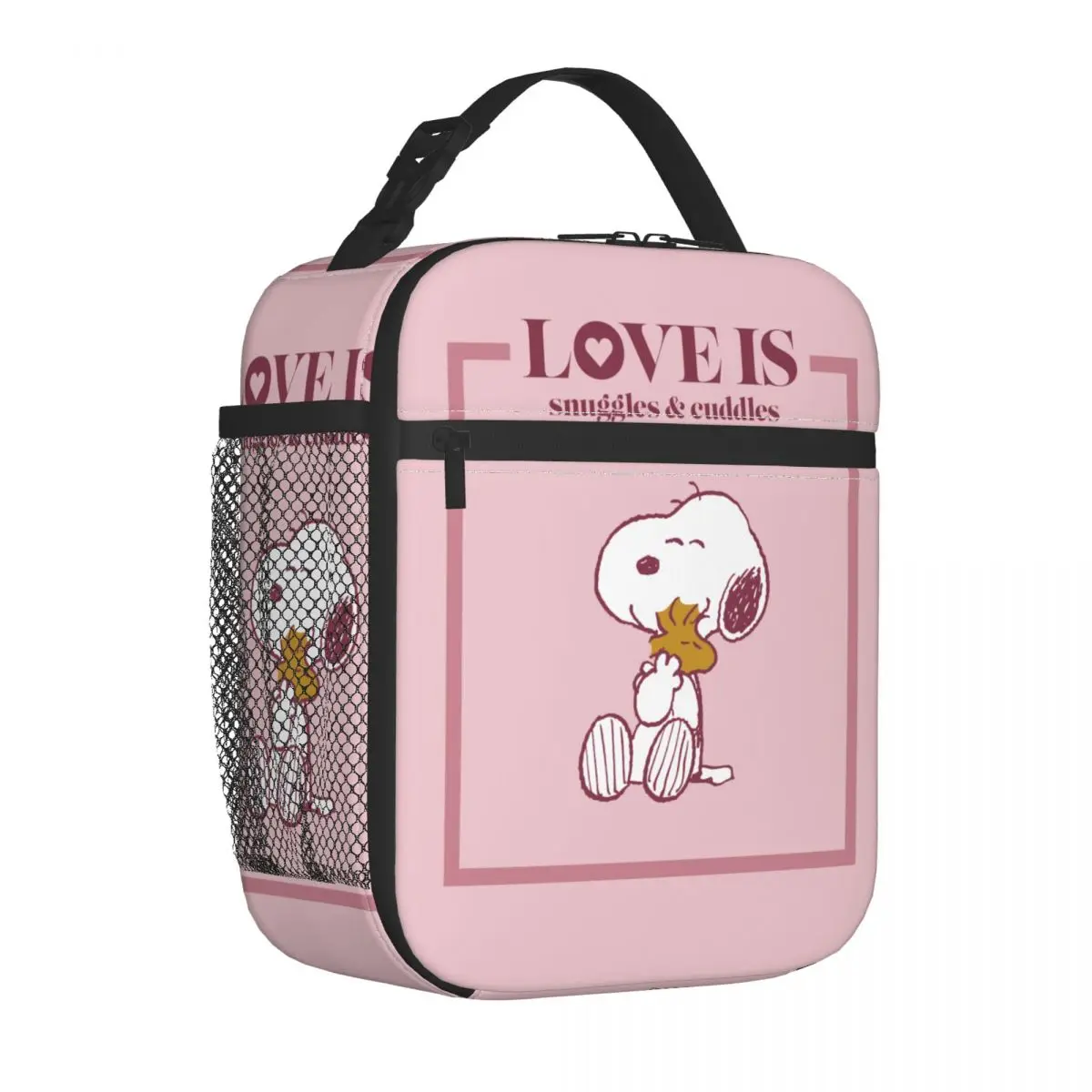 Snoopy Woodstock Pink Love borsa termica per il pranzo borsa termica riutilizzabile portatile Tote Lunch Box per uomo donna College Picnic