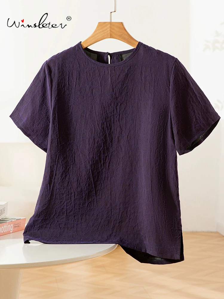 Winsleter-100%Real Silk Elegant Watered Gauze T-shirt, Woman Short Sleeve Craquelure, Retro Casual Loose Top, 2025 Fall T59509CC