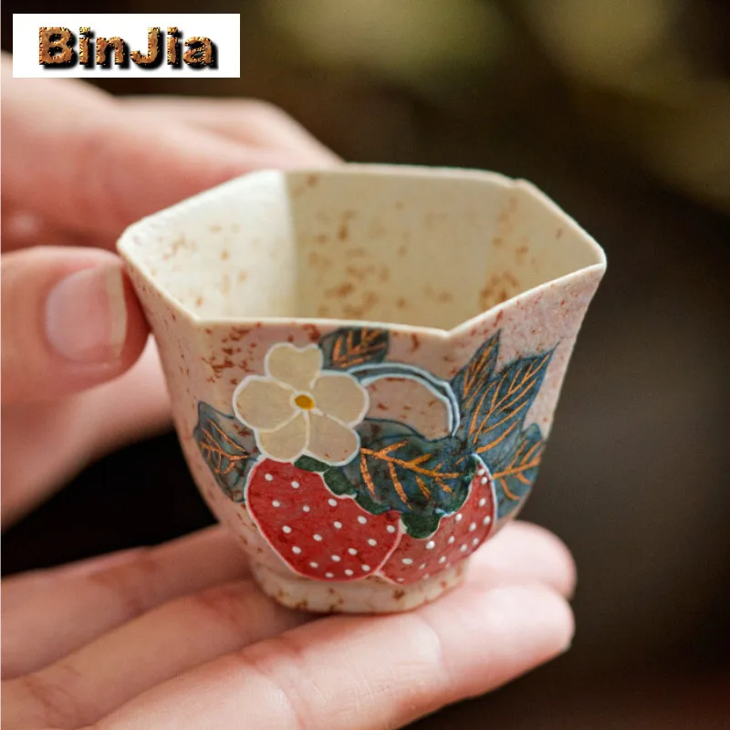 25 مللي فنجان شاي بالفراولة مرسومة يدويًا وعاء شاي عتيق كوب شاي جميل لتذوق الشاي كوب شخصي جيانزهان أكواب رئيسية عناصر الشاي