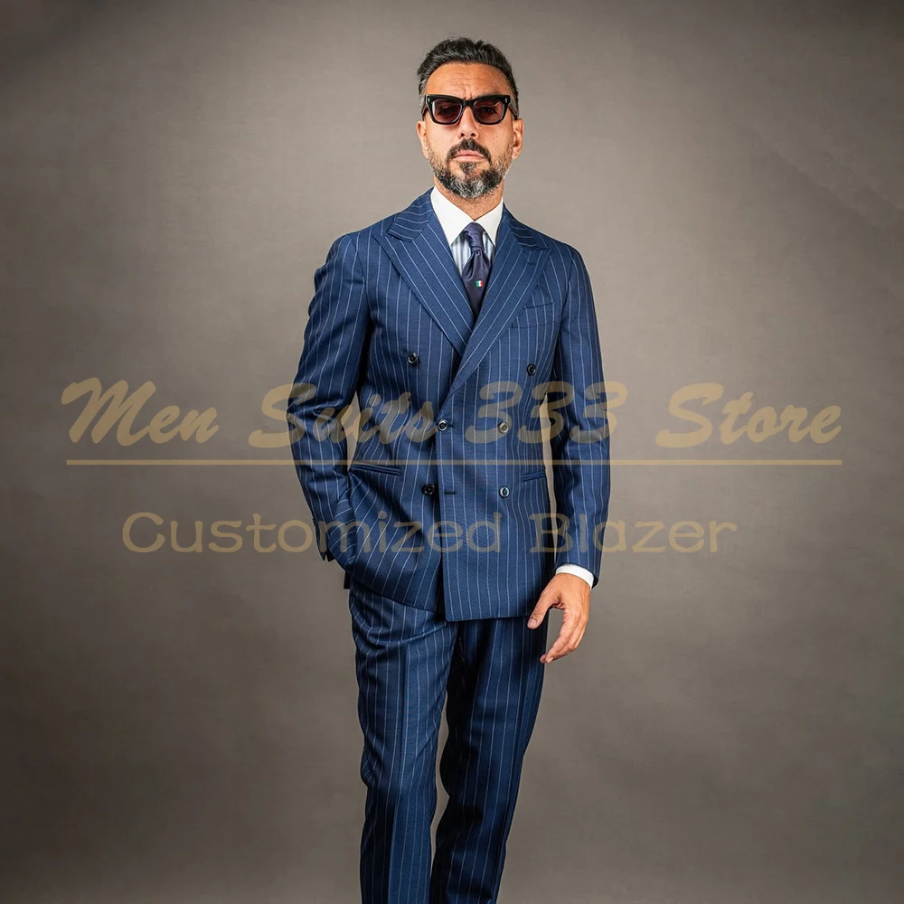 

Formal Pinstripe Suits for Men Elegnat Double Breasted Peak Lapel Slim Fit Blazer Customized 2 Piece Jacket Pants Male Clothing