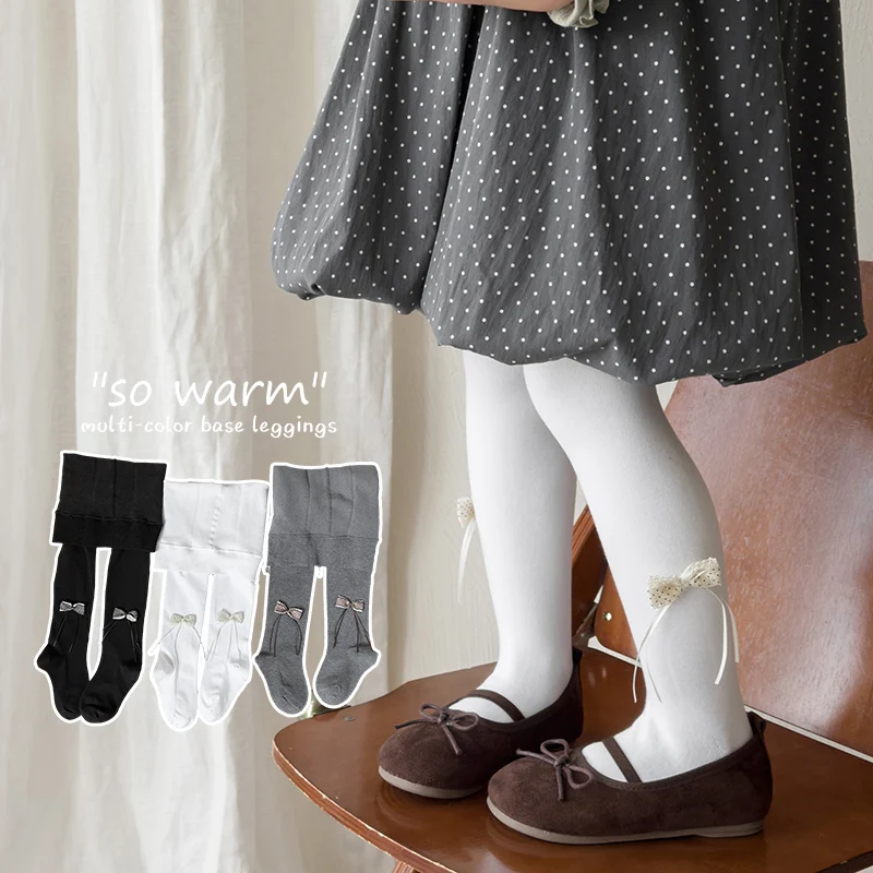 Fall Winter Brushed No Bone Integrated Girls Pantyhose Non Pinch Toe Feature Stretch Long Tassel Flat Bow Ornament Cozy Leggings
