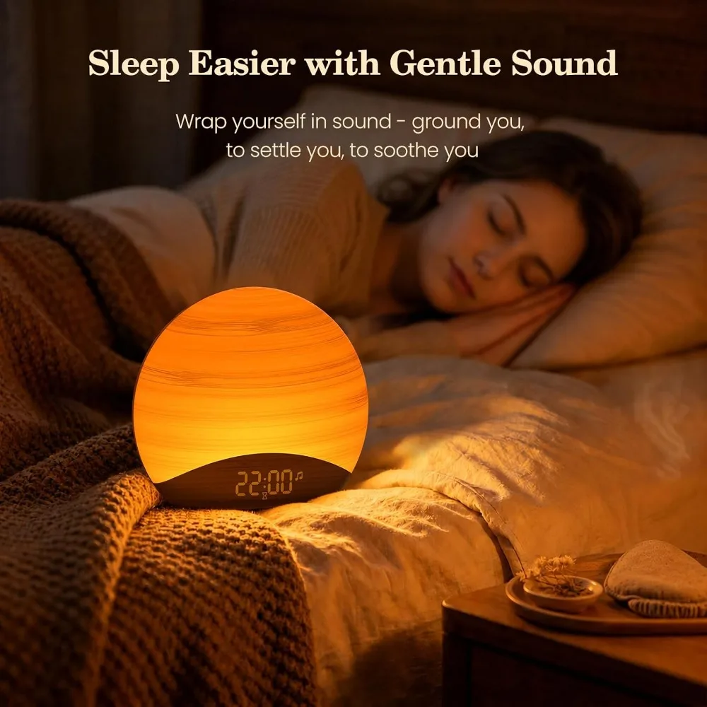 Natural Wood Grain Sunrise Alarm Clock, 26 Soothing Sounds, Dimmable Night Light for Baby Kids Adults view 4