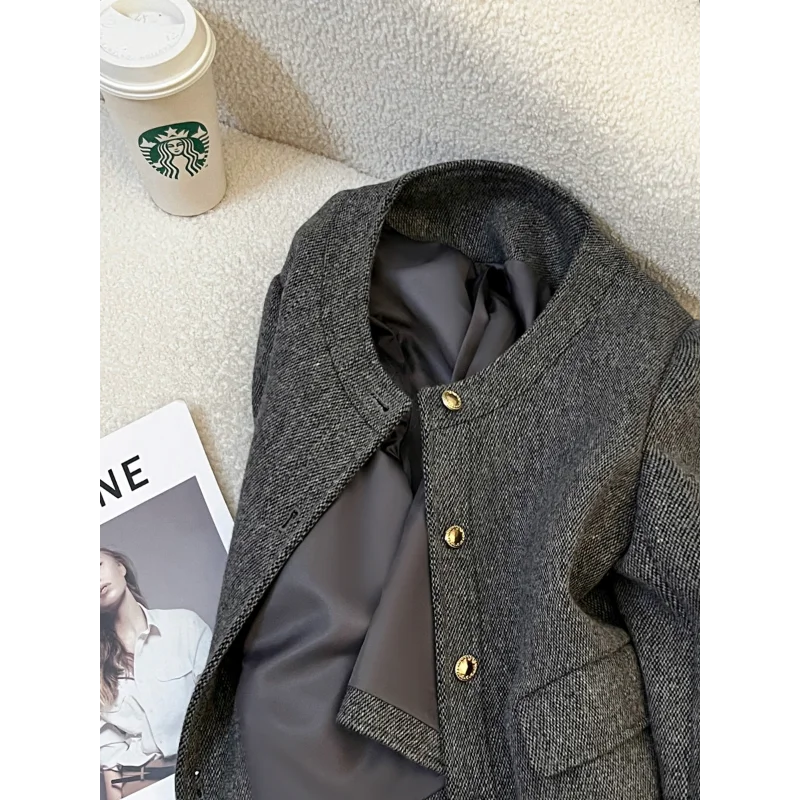 Wysokiej jakości szary, pachnący krótki płaszcz damski na jesień i zimę, w stylu koreańskim, prosty, casualowy, do biura, francuski płaszcz tweedowy.