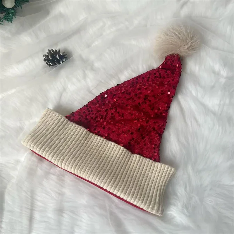 Gorro de Papá Noel, sombreros de Navidad, sombrero de fiesta de Navidad, gorro tejido con purpurina roja para adultos, mujeres, hombres, decoración de Año Nuevo, suministros para fiestas