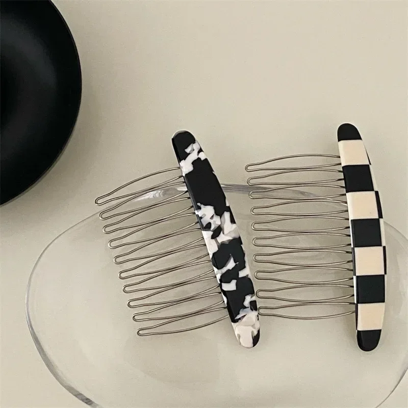 Korean Fashion Plaid Comb Clip Bangs Broken Hair Clip Texture Marble Pattern Iron Tooth Comb Clip Insert Comb Style Accessories