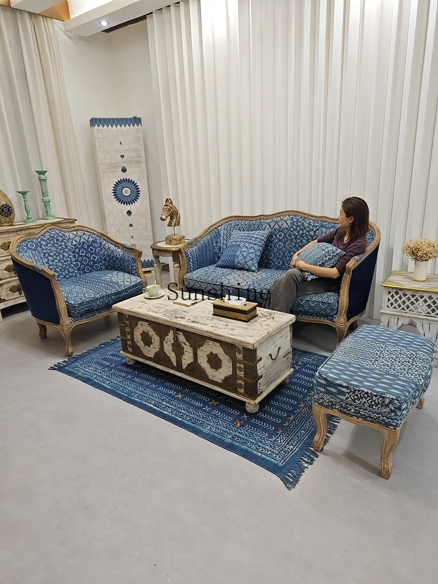 Solid wood blue-dyed sofa single three-person foot pedal handmade printing and dyeing fabric sofa combination