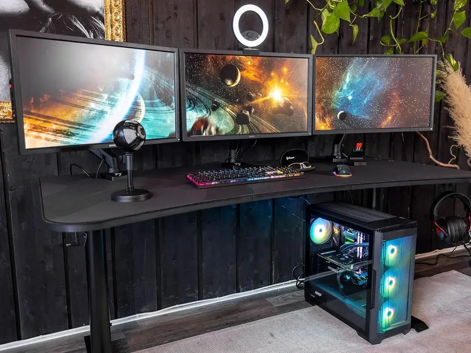 Arozzi Arena-Ultrawide Curved Gaming Desk with Full Surface, Water Resistant  Mat, Custom Monitor Mount Cable, Black