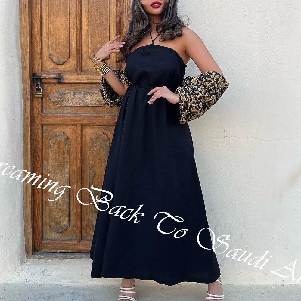 Customized Elegant Contrast Color Embroidery Halter A-Line Prom Gowns Jersey Cap Sleeve Custom Made Draped Girdling Strapless فس