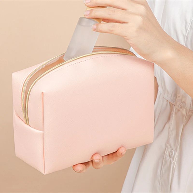 Bolsa de maquiagem de cor sólida feminina saco de cosméticos à prova dwaterproof água couro do plutônio viagem portátil lavagem saco de armazenamento de higiene pessoal organizador bolsa