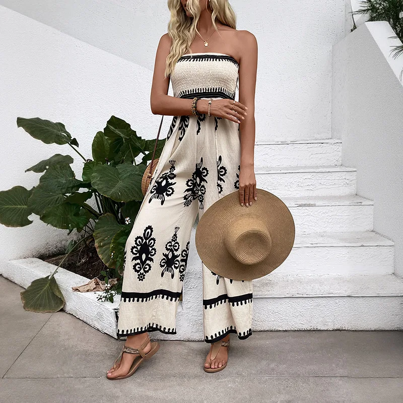 

Women's 2025 Summer Ethnic Print Jumpsuit TikTok New Cross Border Resort Tube Top Wide Leg Split Design