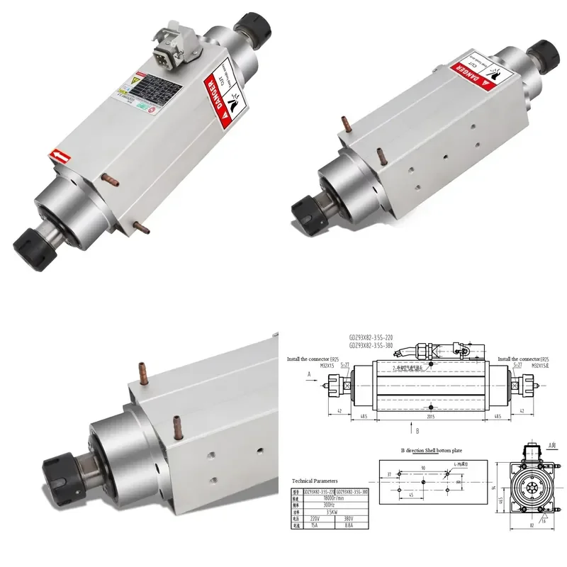 for Numerical Control Machine Tool Spindle 3.5KW Double Head Square Air Cooled Spindle Motor Woodworking Spindle Kit