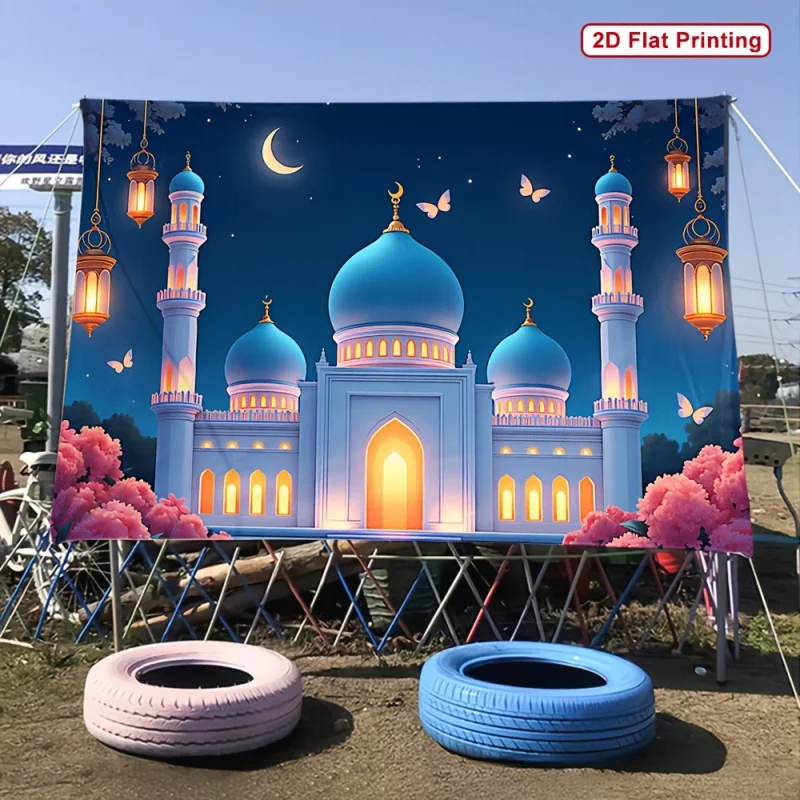 2Dflat1pc، لافتة حفلات من القماش للمشهد الليلي - تصميم معماري إسلامي ذهبي حيوي، لا يتطلب إمدادًا للطاقة