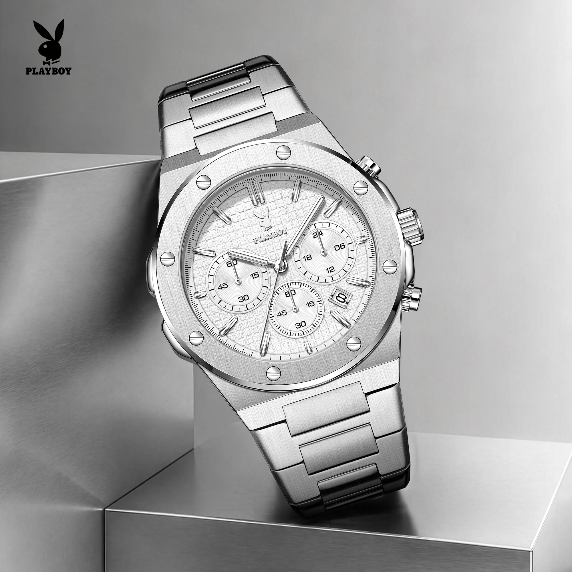 PLAYBOY 3561 Watch For Men Women Multifunctional Digital Dial 24-hour Sub-dial Single Calendar Window Stainless Steel Watch