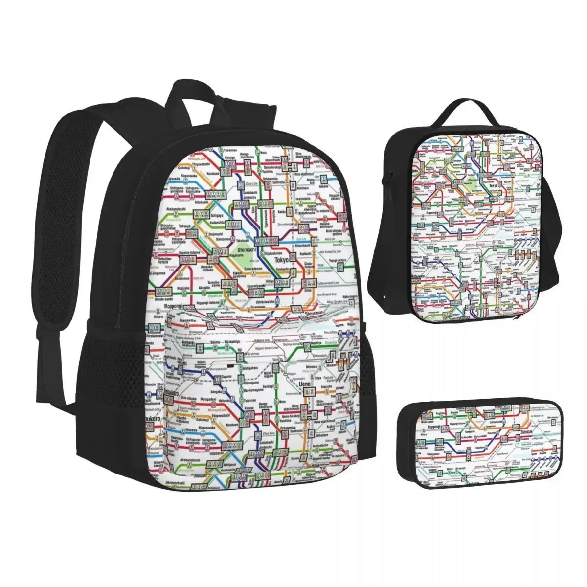 

Tokyo Subway Map Clock Backpacks Boys Girls Bookbag Students School Bags Cartoon Kids Rucksack Lunch Bag Pen Bag Three-Piece Set