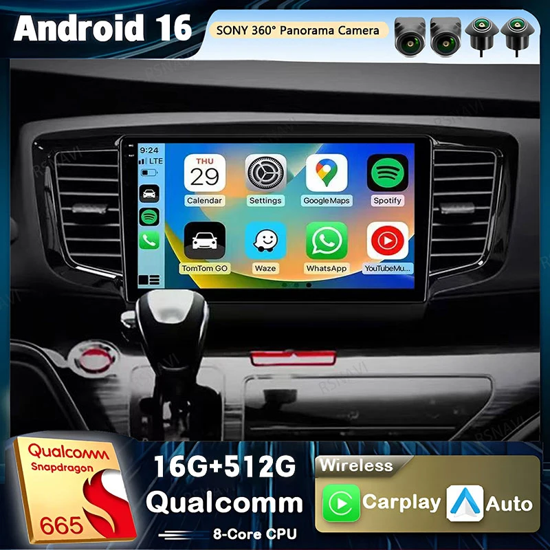 Android 16 Carplay Auto For Honda Odyssey 5 RC 2013 - 2019 Car Radio 4GWIFI Player Multimedia Stereo 360 Camera Navigation Video