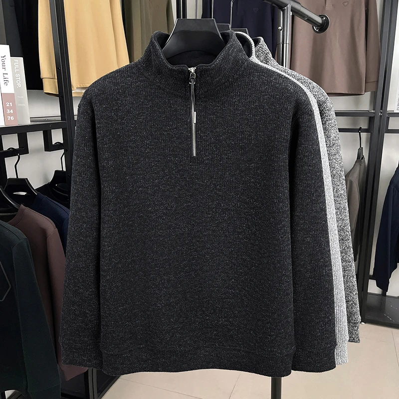 

Свитер на молнии с толстым флисом, мужской зимний тяжелый цельный флисовый вязаный свитер из синели, однотонный пуловер