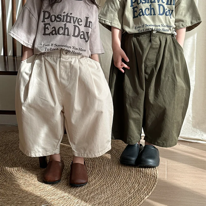 

2024 Spring Loose Children Pockets Casual Trousers Solid Girls Baby Cotton Pants Toddler Fashion Boys Harem Pants Kids Clothes