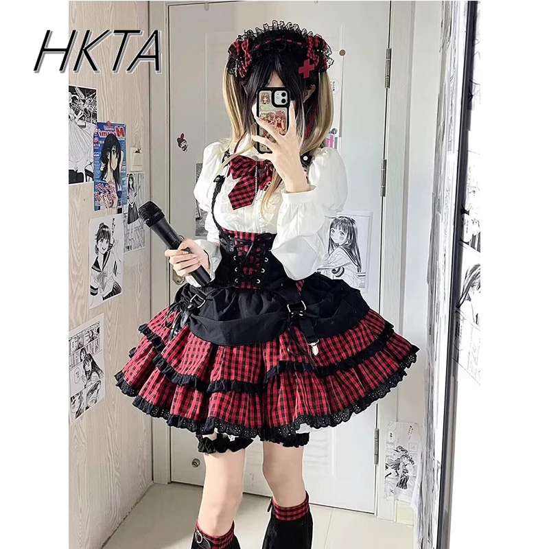 

Sweet Spicy Yabi Skirt Suit Women American Lolita Sweetheart College White Shirt High Waist Lace Splicing Plaid Short Skirts