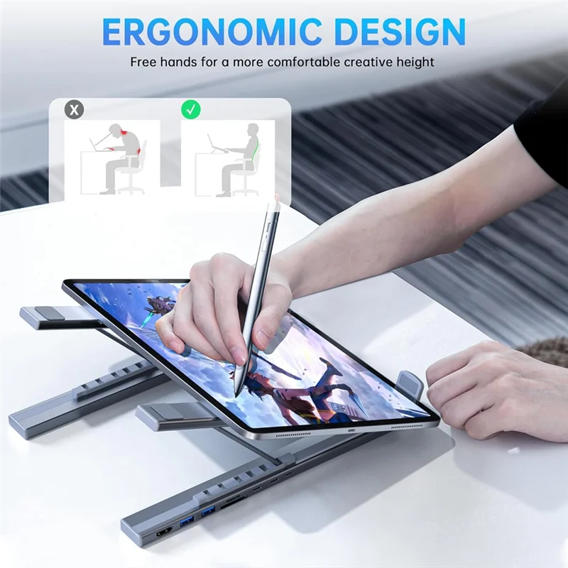 

Stylish-Eight In One USB C Laptop Docking Station Stand USB C Hub Adjustable 10-17In Laptop Stand Portable Design For PC,Tablet