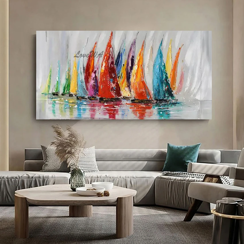 Abstract Canvas Art Wall Colorful Sailboat Hand Drawing Nordic Decorative Paintings Frameless Beautiful Seascape 3d Picture