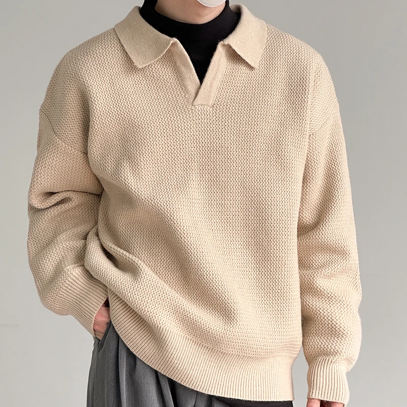 Herbst Winter Koreanischen Stil männer Revers Polo Shirts Pullover Pullover Vintage Lose Innere Layered V-ausschnitt Strickwaren Pullover Jumper – Detail 8