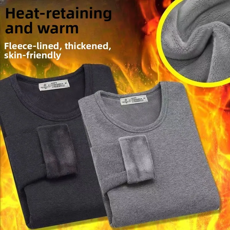 

Мужское термобелье с длинным рукавом, на флисовой подкладке, утолщенная футболка с круглым вырезом, облегающая базовая рубашка, однотонная, для ношения под одеждой, осень...