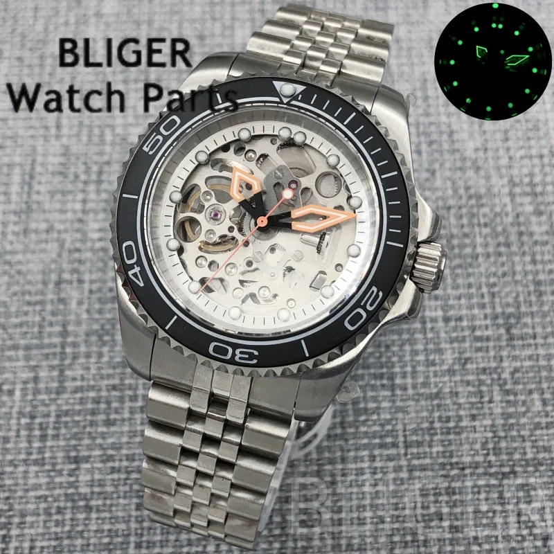 BLIGER 40 مللي متر هيكل عظمي مجوف فاخر NH70 ساعة يد ميكانيكية للرجال زجاج الياقوت الأخضر مضيئة الهاتفي 10Bar مقاوم للماء