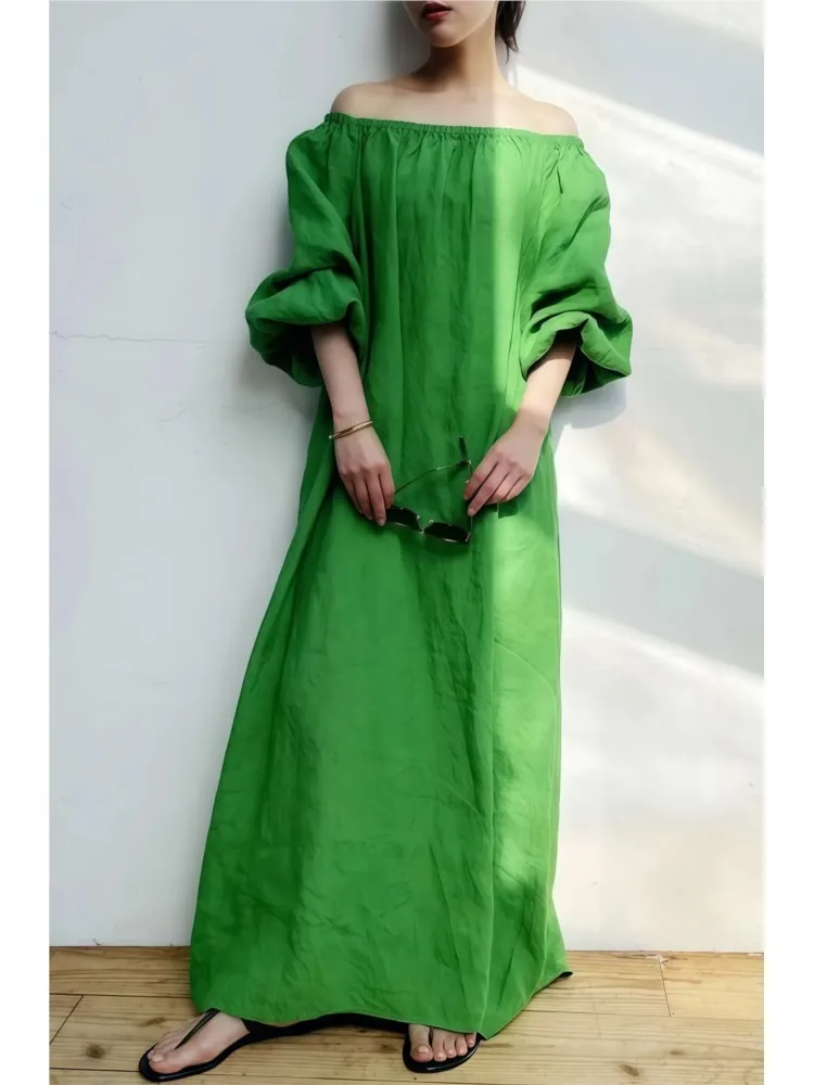 

Summer Solid Color Loose Off-Shoulder Long Dresses New Casual Fashion Slash Neck Holiday Party Dress Women Long A-line Dress