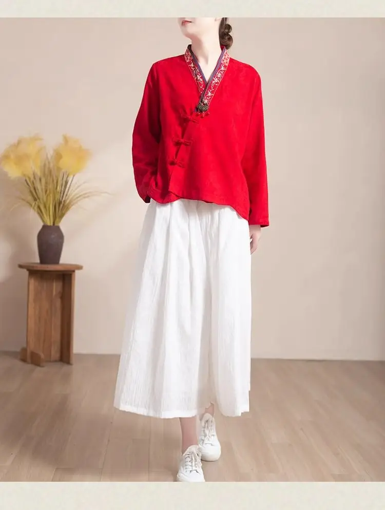 Chemisier en coton et lin de style chinois traditionnel pour femmes, olympiques tang, chemisier hanfu vintage, haut kimono, automne
