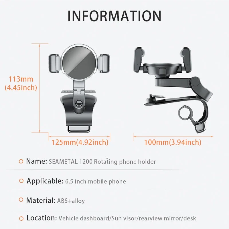 Homhu Universal 360 Rotating Cell Phone GPS Car Dashboard Mount Phone Holder Stand Hud Clip-On Cradle Phone Bracket Car Holder