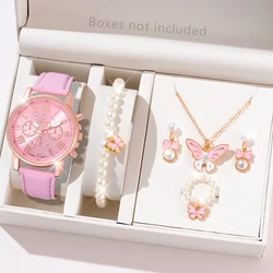 6PCS/Set Pink Women Watch Roman Numeral Dial Quartz Wristwatch Leather Strap Watch Butterfly Element Jewelry Set Gift For Girls