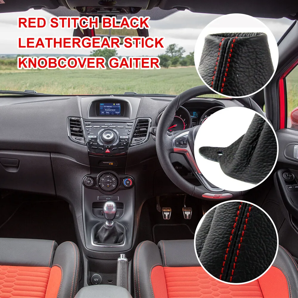 For FORD FIESTA MK7 2008-2013 RED STITCH BLACK LEATHER GEAR STICK KNOB COVER GAITER