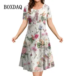 2023 New Women’s Dresses 3d Flowers Printing Women Shorty-Sleeved Tops Summer Fashion Loose A-Line Elegant Casual Ladies Dresses