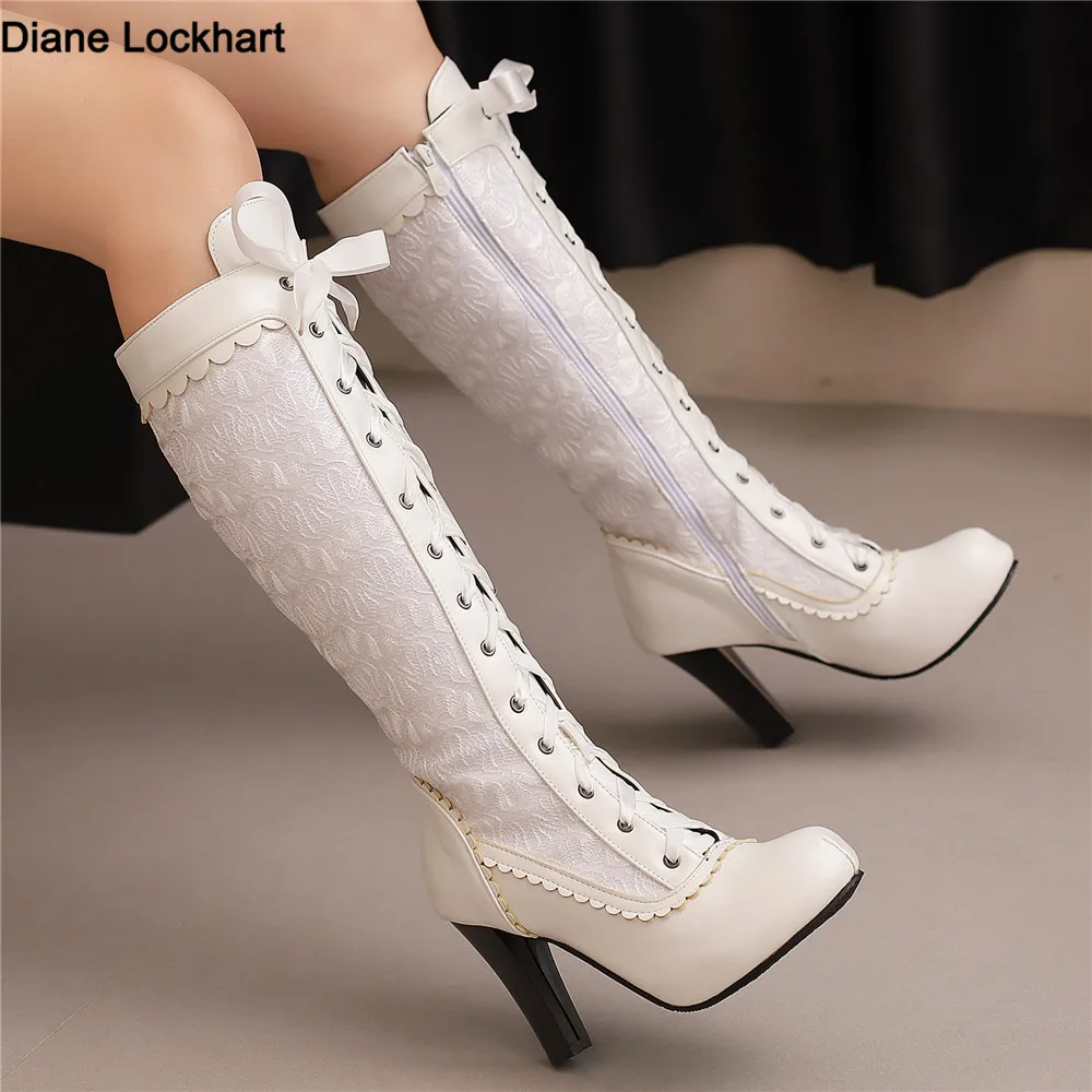 

Women's round Toe Knee High Boots Leather Lace Hollow out Punk Lace-Up Steampunk High Heel Shoes plus Size 34-50 White Red Black