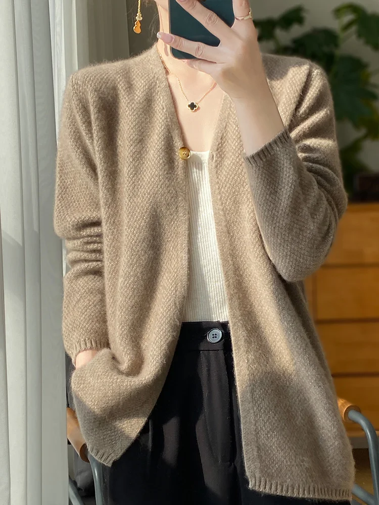 New Spring Autumn Women\'s V-neck Cardigan Pure Color Grace Soft Sweater 100% Merino Wool Knitwear Korean Style Loose Basic Cloth