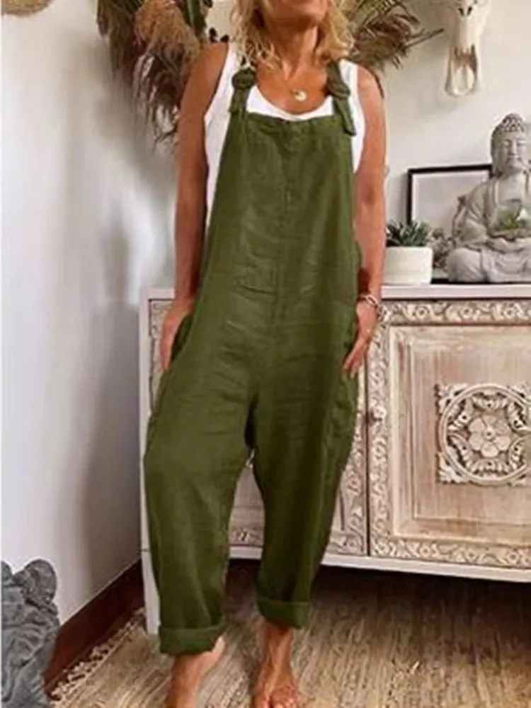 Large Size Linen Women Jumpsuits Casual  Vintage Solid Color Sleeveless Adjustable Straps Loose Jumpsuit Bib Overalls